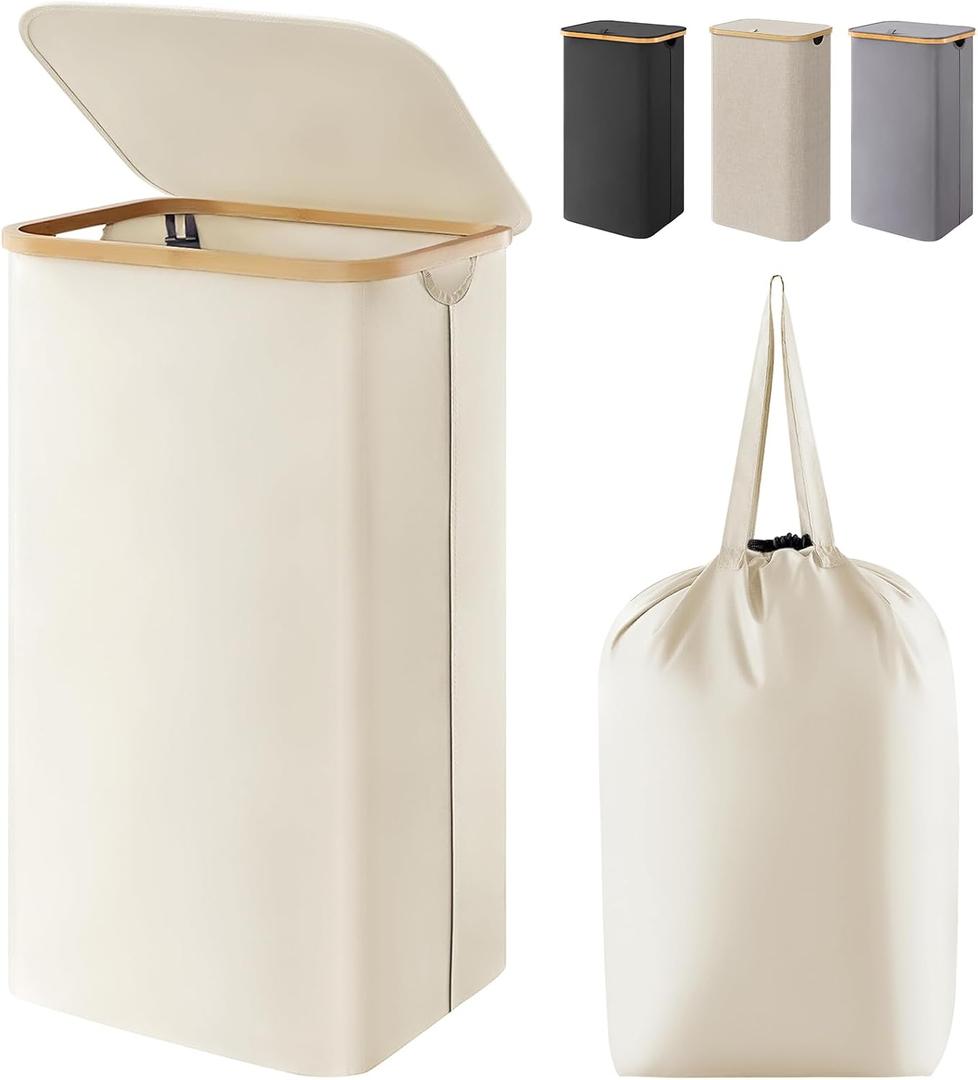 Lifewit 100L Laundry Basket with Lid, Clothes Hampers for Laundry with Bamboo Handles and A Removable Bag, Large Foldable Laundry Hamper for Bedroom, Bathroom, Dorm, Laundry Room, White