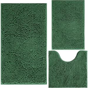 Green Bathroom Rug Chenille 3-Piece Extra Soft and Absorbent Shag Bath Mat Set, Machine Wash Bathroom Rug Set, Strong PVC Non-Slip Underside, Plush Carpet Bath Mat (Dark Green)