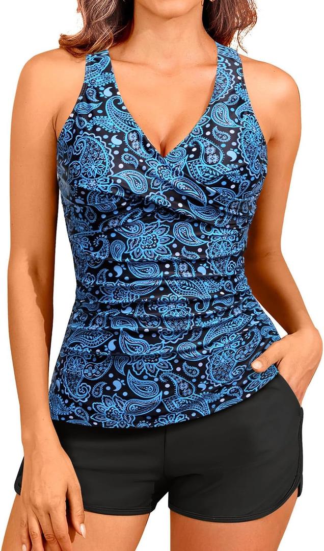 Women Tankini Swimsuits with Shorts - Two Piece Tummy Control Bathing Suits Top with Two Pockets Bottom Swimwear (XX-Large, Blue Paisley)