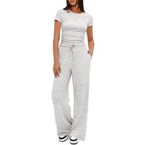 Darong Women's 2 Piece Summer Outfits Lounge Sets Side Ruched Short Sleeve Crop Top & Wide Leg Pants Matching Tracksuit, L