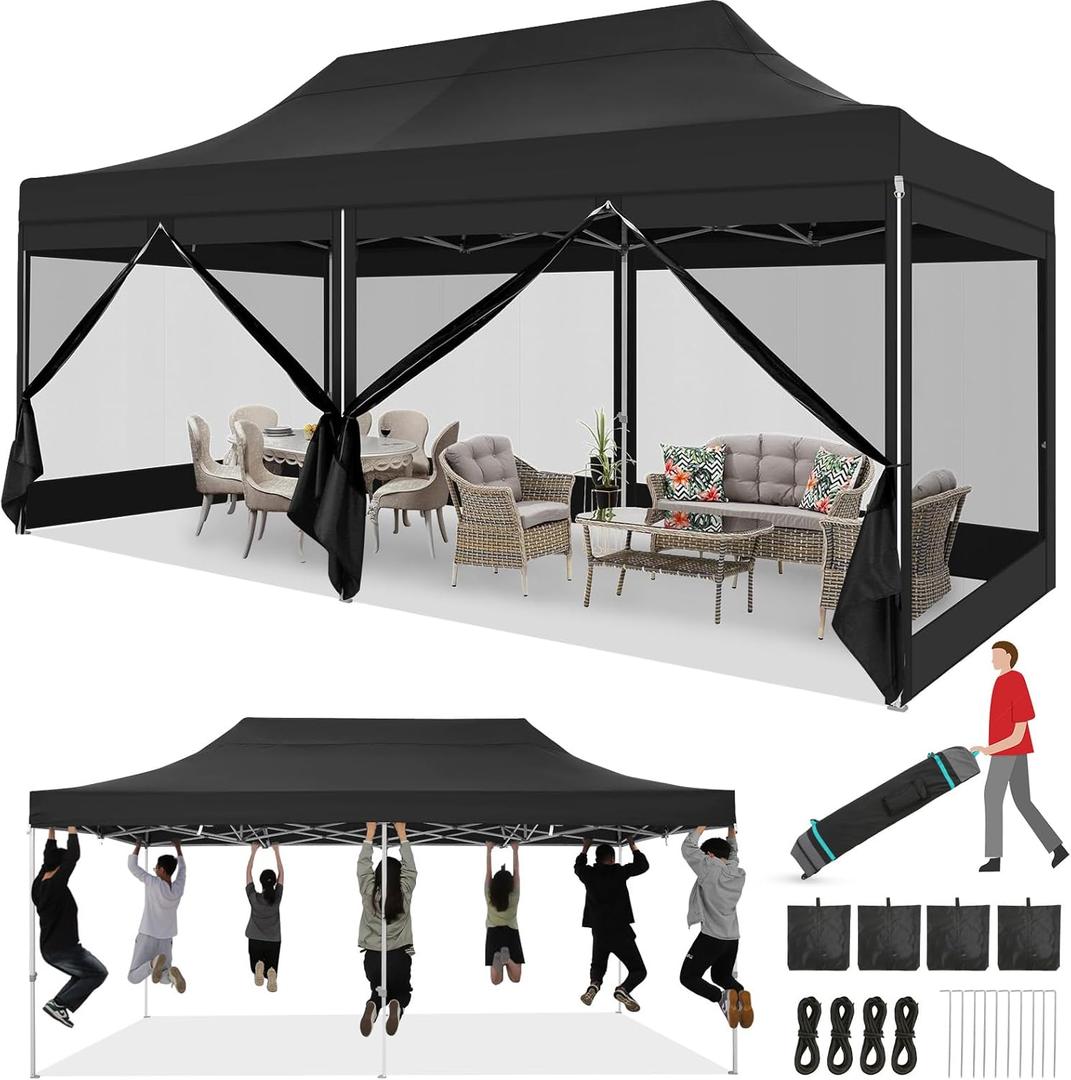 COBIZI 10x20 Heavy Duty Pop Up Canopy Tent with 6 Sidewalls, Easy Set Up Outdoor Waterproof Screen Commercial Party Tent with Mosquito Netting for Parties Backyard Patio, Roller Bag, Black