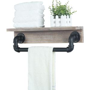 MBQQ Industrial Pipe Shelf,Rustic Wall Shelf with Towel Bar,20" Farmhouse Towel Racks for Bathroom,Floating Shelves Wall Mounted Home Decor Wooden Shelving,Retro Grey