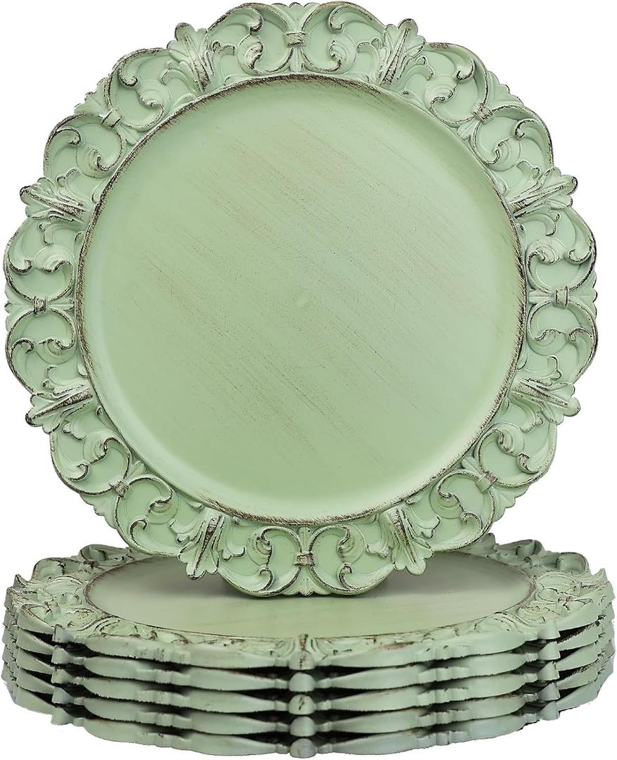 Green Charger Plates Set of 6, Decorative Table Plastic Chargers for Dinner Plates, Party, Wedding, Thanksgiving, Christmas, FD2GR