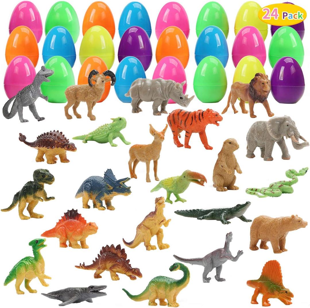 CUTE STONE 24 Pack Filled Easter Eggs with Dinosaurs and Animals, Easter Basket Stuffers Easter Party Favors for Kids