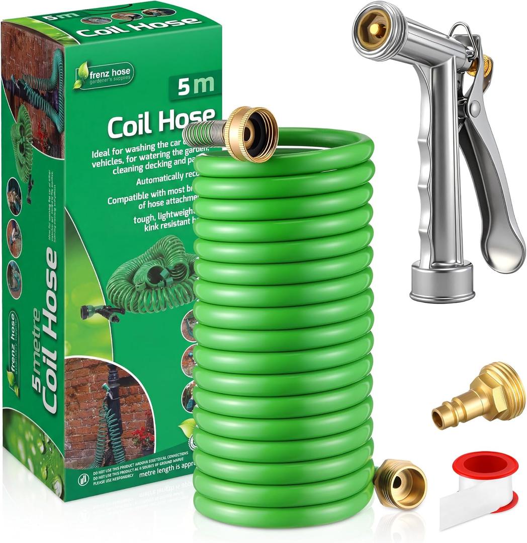 RV Exterior Shower Hose With Sprayer, 15FT Coiled Water Hose with 1/2" Quick Connect Adapter, UV Resistant Optional Flexible Quick Connect Sprayer for RV Outdoor Shower Garden Use 3/4" Fitting