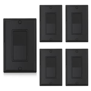 ELEGRP Single Pole Decors Light Switch with Plate 15Amp, 120-277V, Paddle Rocker Switch Replacement, On/Off Wall Switch, Self-Grounding, Residential Grade, w/Wall Plate, UL/CUL (5 Pack Glossy Black)