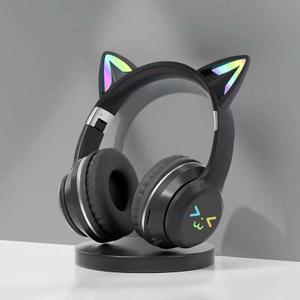 Cat Ear Bluetooth Headphones for Kids, Wireless Foldable Headphones with Microphone, LED Light Up Over Ear Headphones with Mic, for Home Office CellphoneiPhone/iPad/Laptop/PC (Black)