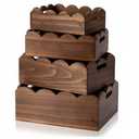 Beeveer 4 Pcs Scalloped Baskets with Handle 4 Size Wooden Countertop Storage Box Multipurpose Fruit Vegetable Crate Rectangular Decorative Serving Tray Organizer for Kitchen Bathroom Home Decor(Brown)