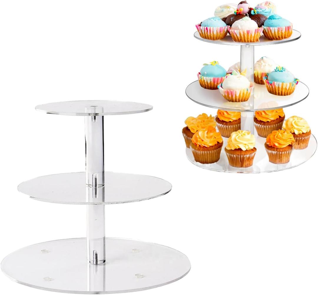 3 Tier Cupcake Stand Round Shape Acrylic Cupcake Tower Dessert Stand Holder Pastry Display Cookie Candy Buffet Stand for Wedding, Birthday, Party Decorative Supplies
