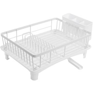 Dish Drainer with Drain Spout for Kitchen Counter, Space Saving Dish Drainer Utensil Holder, Kitchen Organiser for Sink, Cup, Bottle (White)