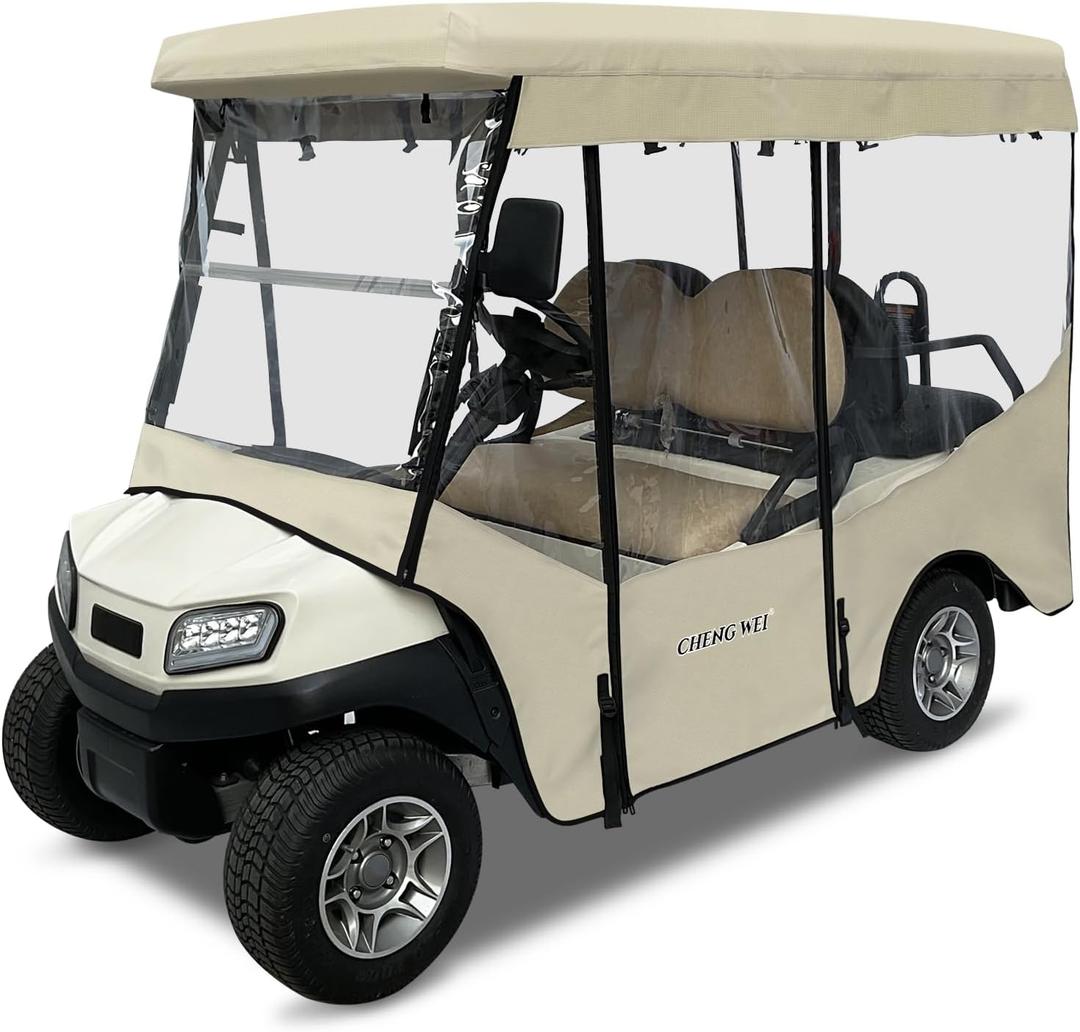Golf Cart Enclosure for 4 Passenger Club Car Tempo&Onward, 600D Waterproof Transparent Driving Rain Cover, Fit 4-Seater Long Roof with 4-Sided Clear Windows Mirror Openings Roll-up Zipper Door (Beige)