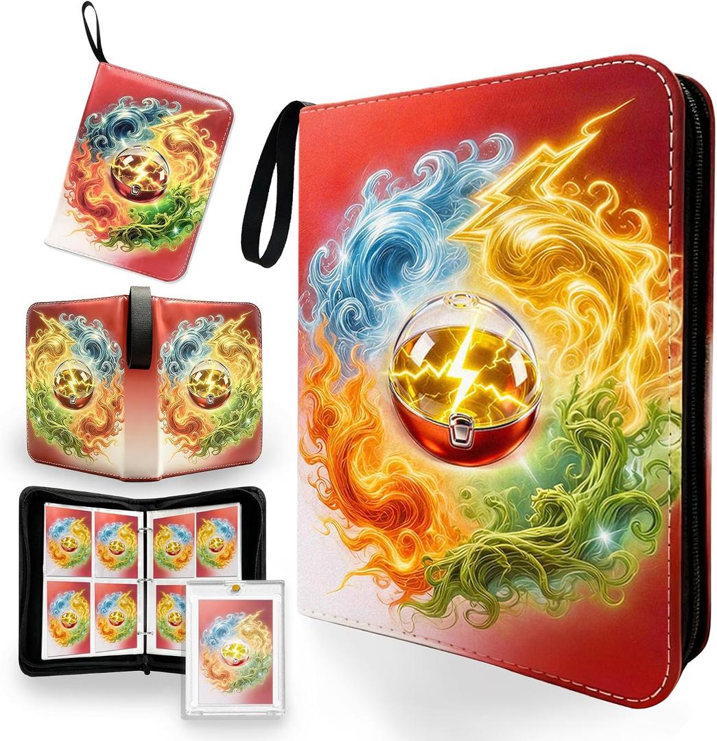 4 Pocket Trading Card Binder with 50 Removable Pages, Holds 400 Standard Cards, Secure Zipper Closure & PU Leather Cover for Collectible Games, Sports,TCG