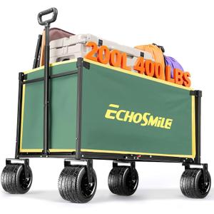 EchoSmile Collapsible Wagon Cart for Camping & Beach - Heavy Duty 400lbs Capacity All-Terrain Cart with Wide Wheels, Portable Folding Utility Wagon for Grocery, Garden, Sports,Green&Yellow