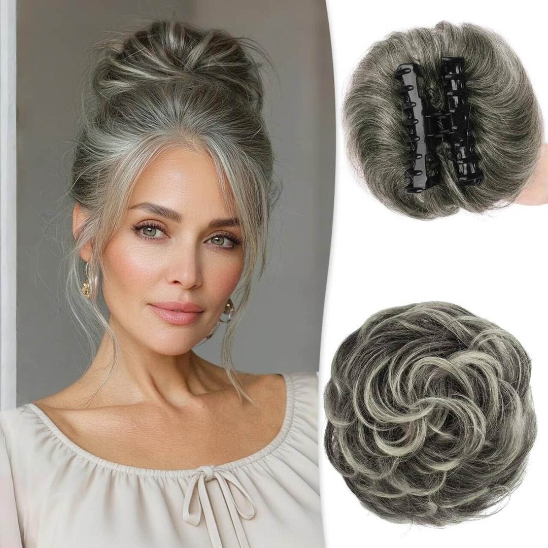 RUWISS Claw Clip Messy Bun Hair Piece Real Human Hair Buns Wavy Curly Chignon Hair Bun Extensions Tousled Updo Hair Buns Claw Clip Ponytail for Women (1B/62#New)
