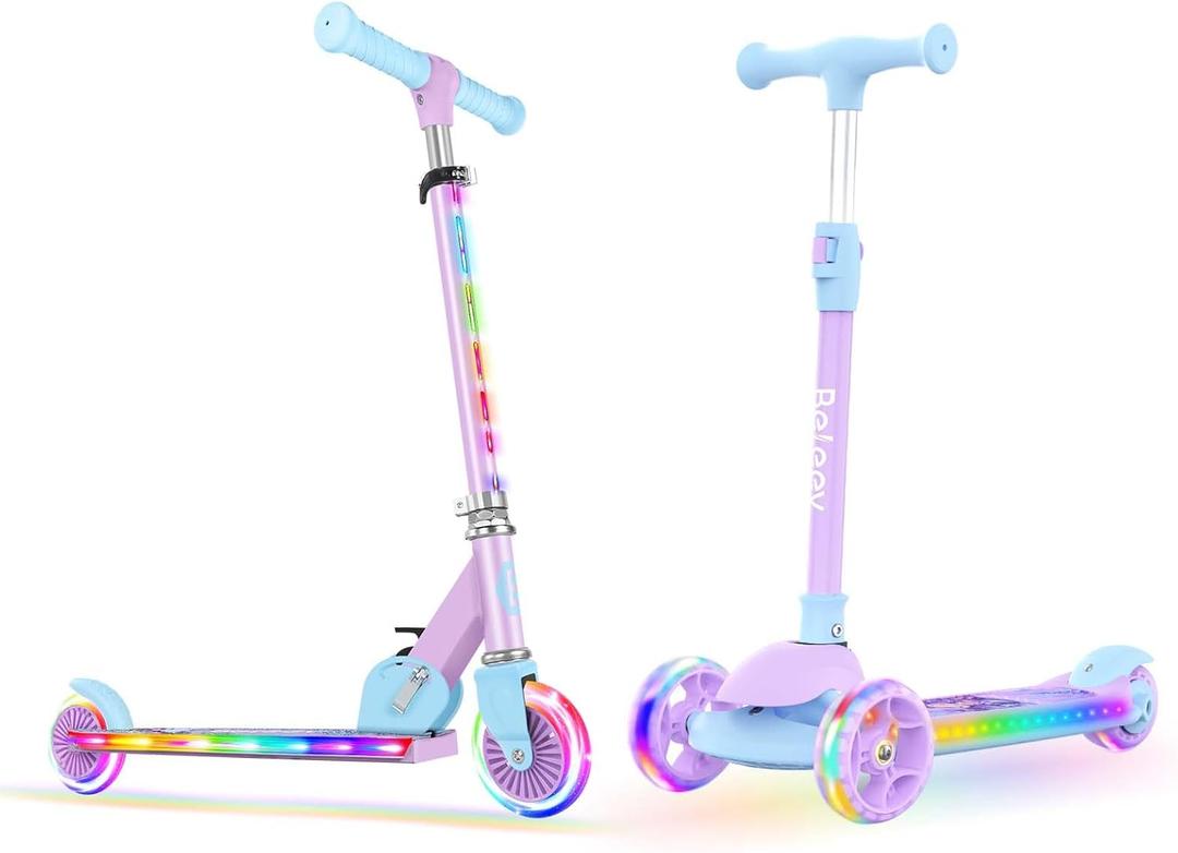 BELEEV A9 Kids Scooter with LED Light-Up Wheels & Deck, 3 Wheel Folding Scooter for Toddlers Girls Boys Ages 3-12, Adjustable Handlebar, Lean to Steer, Extra-Wide Wheels, Kick Scooter for Children