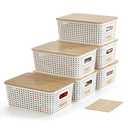 Bagnizer Small Plastic Storage Bins with Bamboo Lids 5.2qt Stackable Box Basket Pantry Decorative Containers Cute with Labels for Organizing Desktop Closet Office Cream White of 6 packs 10*7.2*4.1"