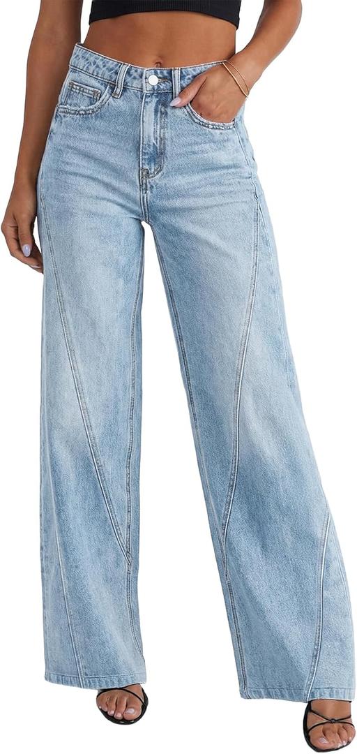 Womens Wide Leg Jeans Mid High Waisted Baggy Straight Leg Stretchy Denim Pants Seamed Long Trousers (Blue)