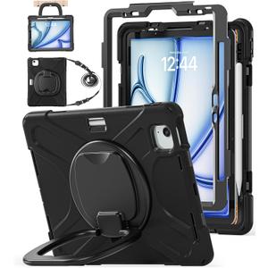 BATYUE Case for iPad Air 11-inch M3 (2025) / M2 (2024), iPad Air 5th/4th 10.9 inch(2022/2020), iPad Pro 11" 4th/3rd/2nd/1st, Kids Cover with 360 Rotating Stand, Pencil Holder, Carrying Strap, Black
