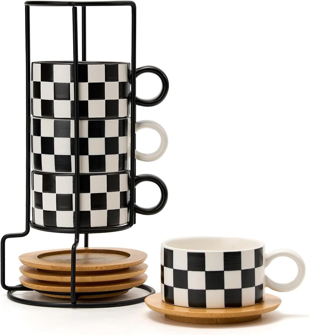 LUKA 6 Ounce Ceramic Stackable Black and White Checkered Espresso Cups with Saucers and Metal Stand Set of 4, Cappuccino Cups Set for Coffee Drinks, Latte, Cafe Mocha and Tea