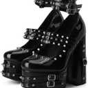 Frankie Hsu Goth Chunky Platform High Heeled Pumps Ankle Bootie, Black Patent Strappy Rivets Punk Gothic Y2K Hot Girl Boot, For Women Men (Black, 9)