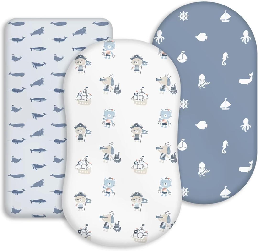 Bassinet Fitted Sheets 3-Pack, Ultra-Soft Microfiber, 360 Elastic Secure Fit, Fits 32x16x3 Oval/Hourglass/Rectangle, Ocean/Nautical Prints