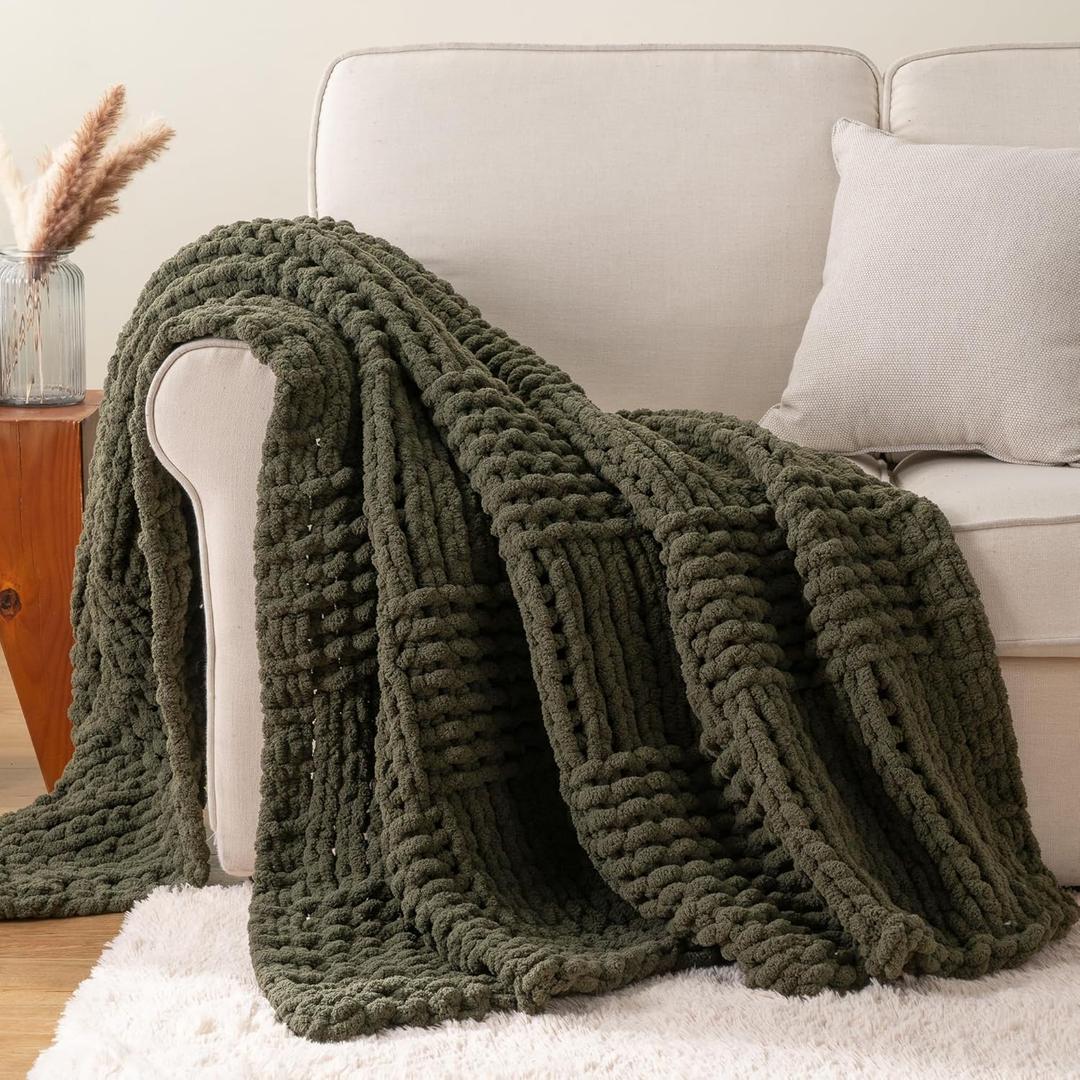 Bunnikins & Clover Olive Green Throw Blanket for Couch, Chunky Knit Blanket Throw with Chenille Yarn for Bed Living Room Home Decor, 50"x60"