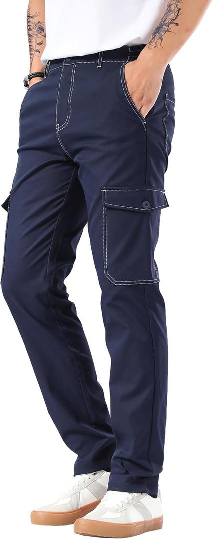 Plaid&Plain Mens Cargo Pants Slim Fit with Contrasting Topstitching and Multi-Pocket (38W x 30L, Navy Blue)