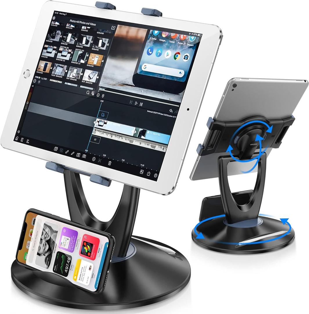 iPad Tablet Stand Holder for Desk - 6 inch to 13 inch - Stable, Adjustable - 360 Swivel Angle Pen Phone iPad Stand for Store, Retail Kiosk, Reception, Home Office, Gift Ideas - Black