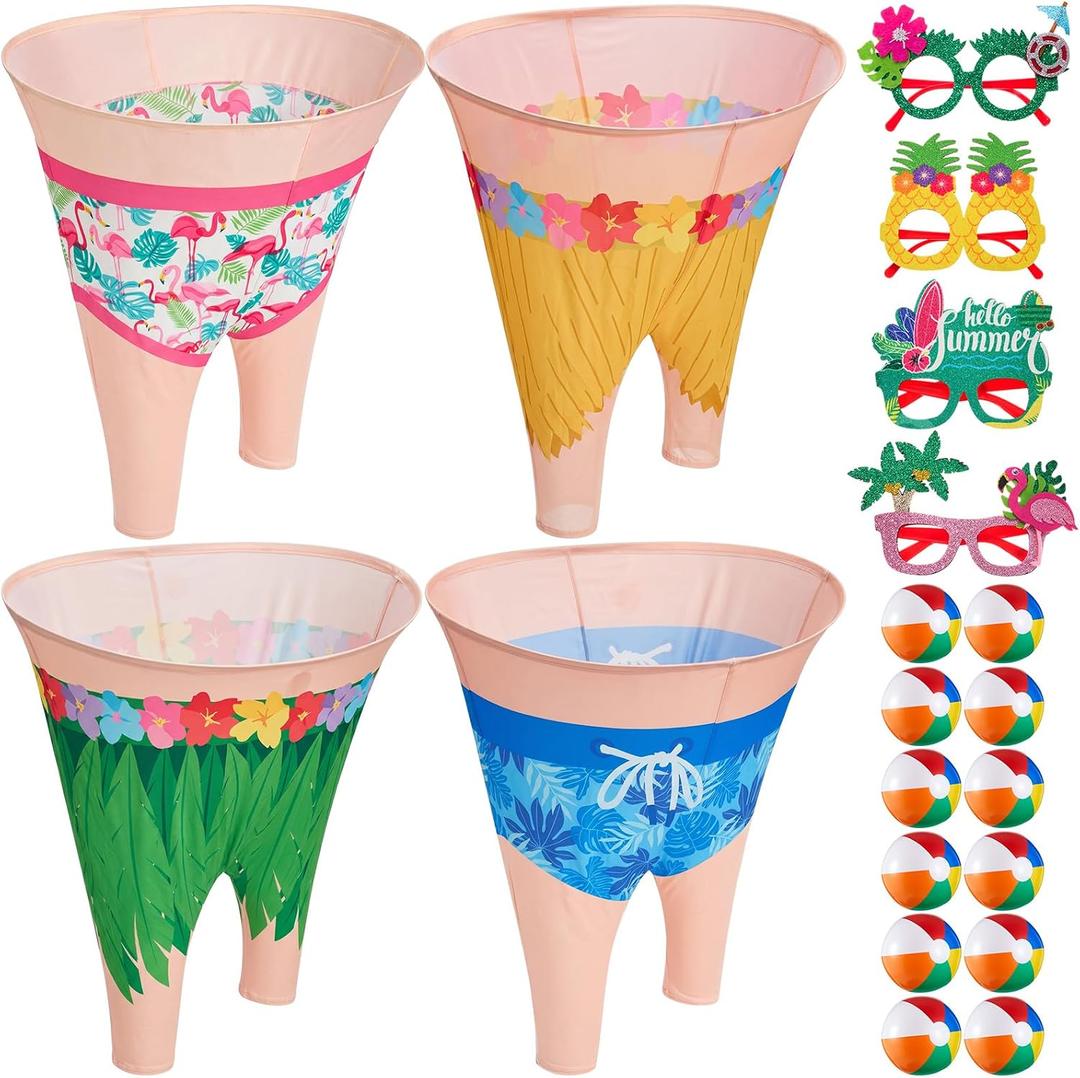 21 Pcs Hawaiian Luau Party Game Set, 4 Summer Theme Giant Granny Pants with 1 Pump 12 Beach Balls & 4 Funny Tropical Palm Flamingo Glasses, Outdoor Tossing Activity for Family Adults