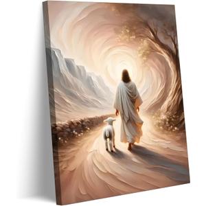 Jesus Leaves The 99 Sheep Canvas Wall Art Jesus And Lamb Picture Wall Decor Christ The Good Shepherd Lost Lamb In Poster Print Painting for Living Room Bedroom Church Home Decoration Prepare To Hang