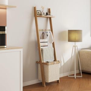 63" Bamboo Blanket Ladder with Shelf, Fabric Basket and 5 Hooks, 4 Tier Leaning Blanket Rack, Farmhouse Towel Ladder Rack, Decorative Quilt Rack Holder for Living Room Bedroom Bathroom, Natural Wood