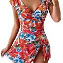 Aidonger One Piece Swimdress Tummy Control Ruffle Swimsuit for Women Tie Knot Swim Dresses V Neck Bathing Suit Skirt, XS 