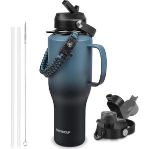 Water Bottle 40oz, Insulated Tumblers with Handle & Straw Lid, Insulated Water Bottle Fits in Cup Holder, Double Wall BPA-Free, Stainless Steel Travel Cup Leak-proof to Keep Cold 24H&Hot12H (Indigo Black Gradient -with handle)