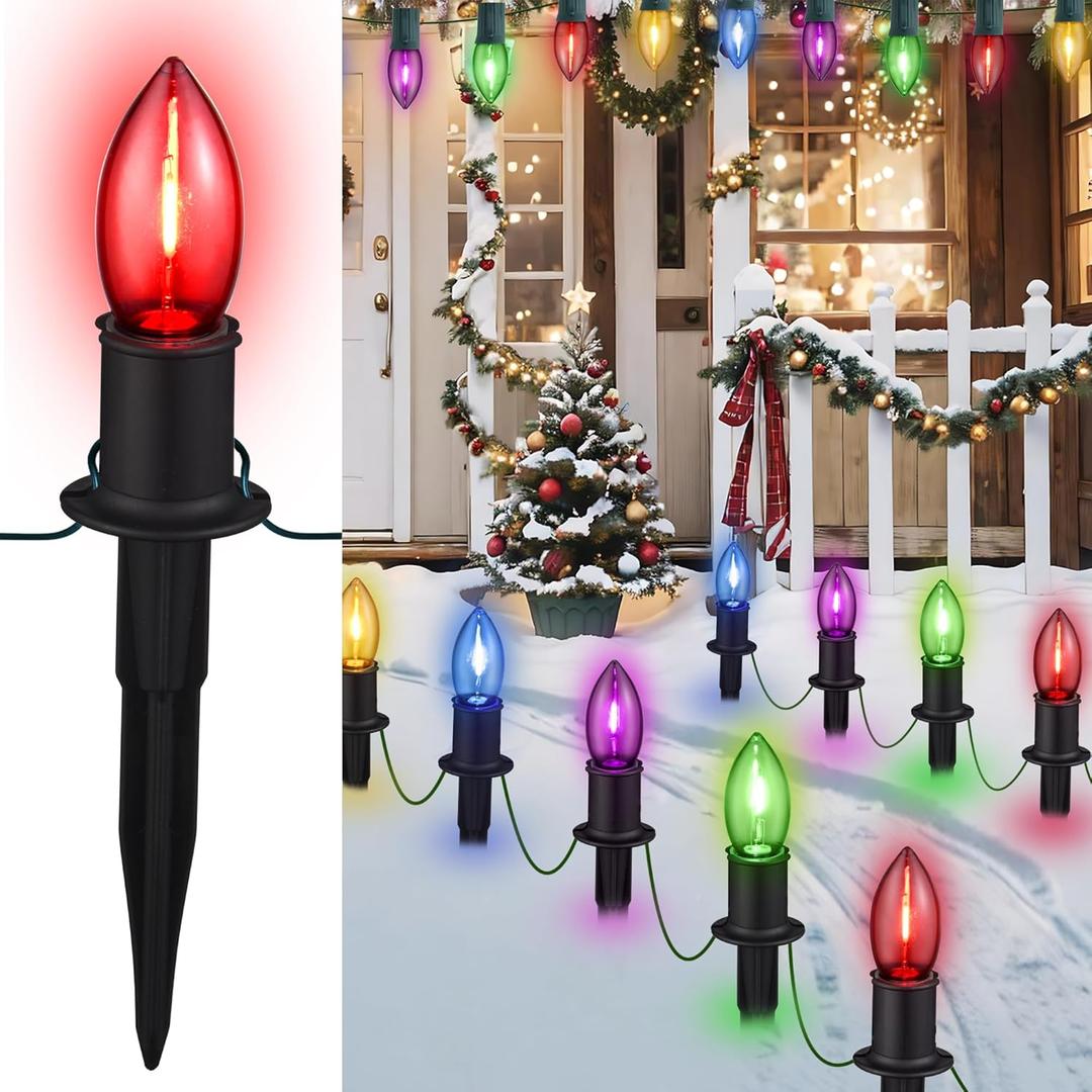 C9 Christmas Pathway Lights Outdoor, 24.2 Feet 20 LED String Lights With Stakes, Waterproof Connectable Decorations for Yard, Garden, Walkway, Driveway, Sidewalk, Multicolored, 2 Pack