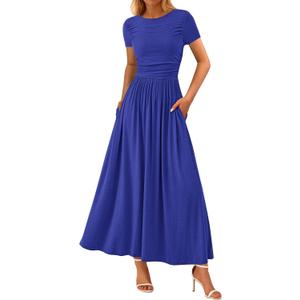 PRETTYGARDEN Women's Casual Dresses 2025 Summer Short Sleeve Ruched Patchwork A Line Pleated Swing Maxi Dress with Pockets, Blue, Large