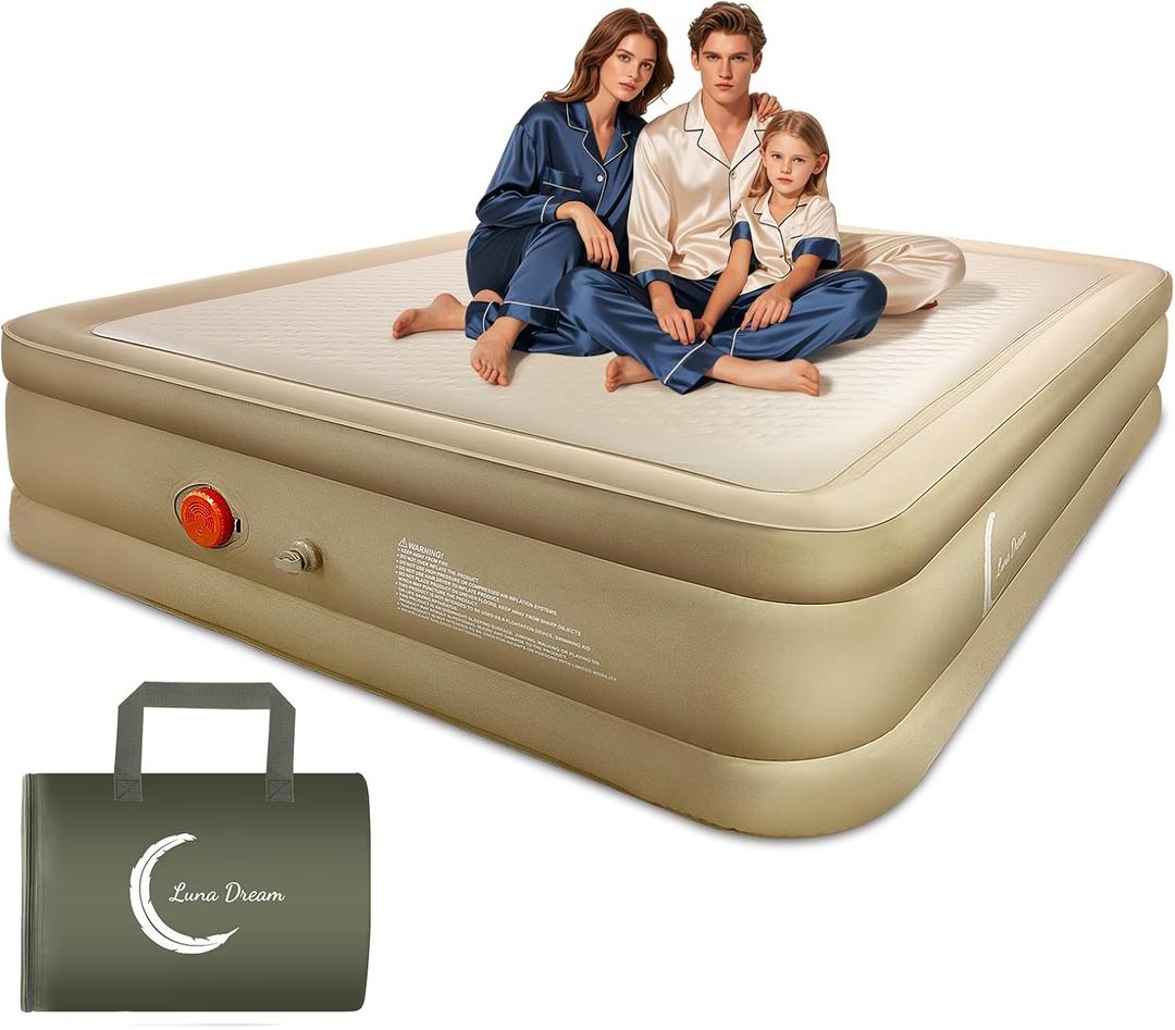 LunaDream Queen Air Mattress with USB Rechargeable Built-in Pump, Wireless Inflatable Airbed, FlexWeave Tech for 1100 lbs Ultra Firm Support, Portable for Home & Camping, Leak Proof Design, Carry Bag (Khaki)