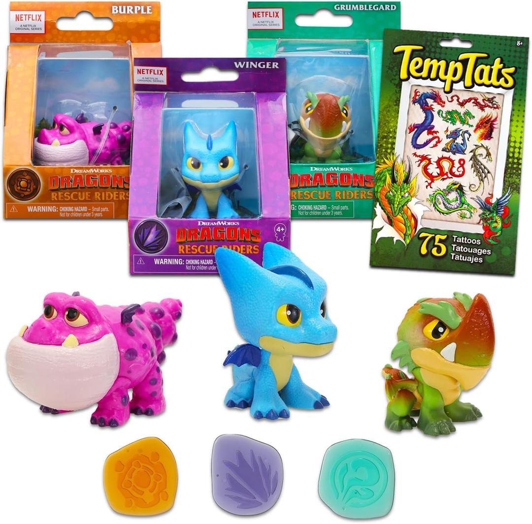 DreamWorks How to Train Your Dragon Action Figures - Bundle with 3 Dragons Figurines Plus Tattoos | Dragons Figurines for Kids (Styles May Vary)