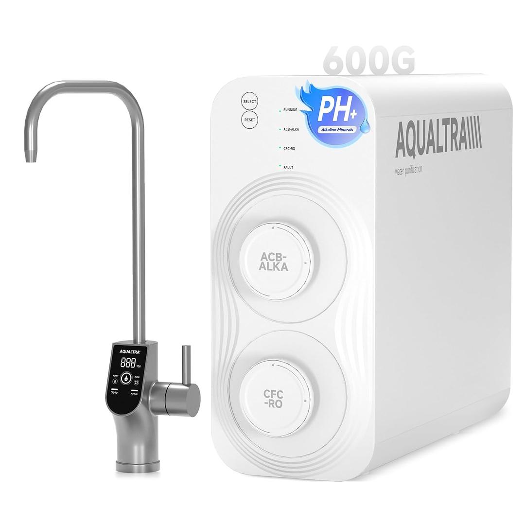 AQUALTRA USF-AR-600 Reverse Osmosis System, 10 Stage Alkaline Tankless RO System, NSF/ANSI/CAN 372 Certified, 600GPD, 3:1 Pure to Drain, Smart LED Faucet
