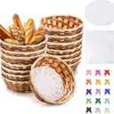 15Pcs Round Gift Baskets, Bamboo Small Bread Fruit Baskets,Woven Bread Roll Baskets with Gift Bags Ribbons Deli Paper Sheets,Food Serving Storage Baskets for Kitchen Restaurant Display Decor