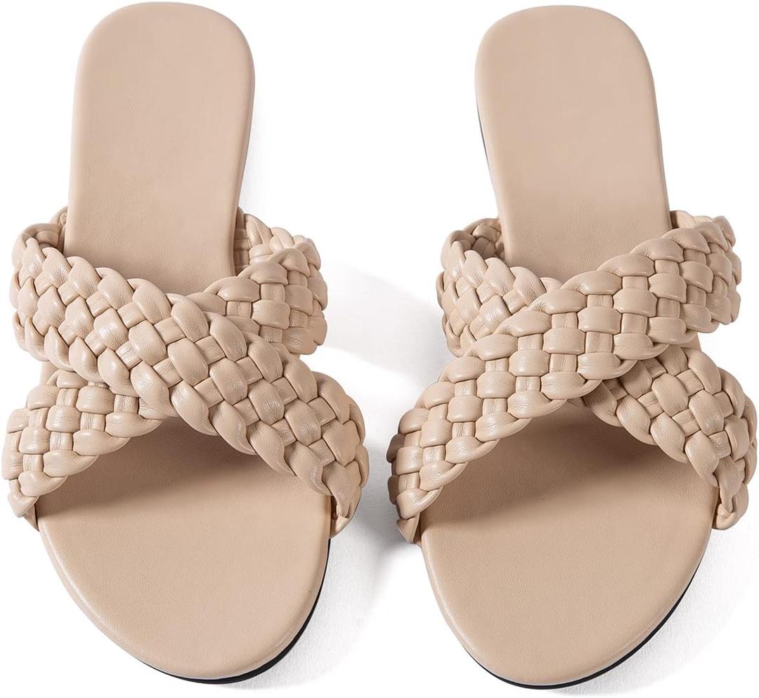Mtzyoa Women's Braided Slide Flat Sandals Raffia Cute Natural Summer Beach Casual Comfortable (Beige, M)