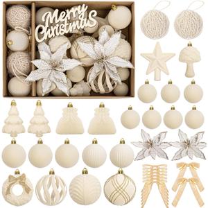 WDF 38PCS Ivory Christmas Ornaments - Beige Christmas Ornaments - Cream Velvet Balls for Christmas Decorations/Xmas Tree/Parties/Holidays (2.36inch, White)