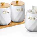 JUXYES Set of 3 Ceramic Canisters Set for Sugar Coffee Tea With Handle Tray, Luxurious Storage Containers Sets with Lids Decorative Storage Pots White Ceramic Storage Jar for Kitchen Dining Room