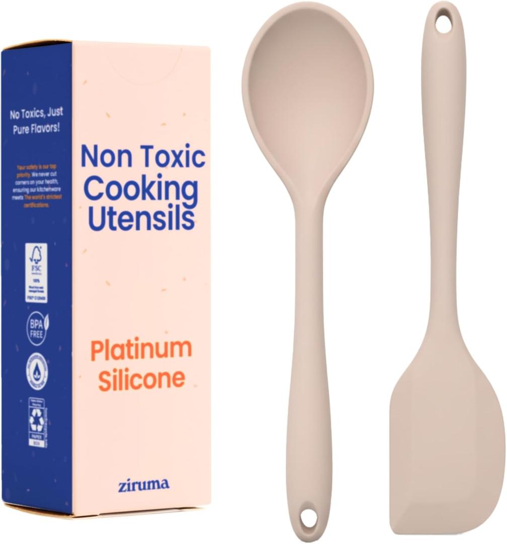 Non-Toxic Platinum Silicone Kitchen Utensil Set of 2  Non-Scratch Cooking Spoon & Spatula, 100% Plastic Free, Stainless Steel Core, Heat Resistant 500F, Beige