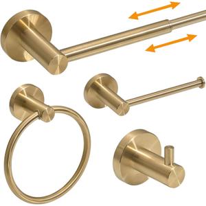 BESy 4 Piece Bathroom Accessories Set (Adjustable 16 to 26 Inch Towel Bar, Towel Ring, Toilet Paper Holder, Towel Hook), Wall Mounted Bath Hardware Accessory Fixtures Set, Stainless Steel/Brushed Gold