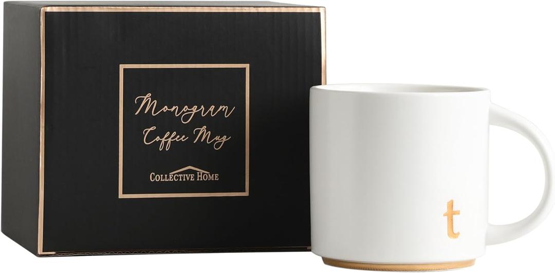 COLLECTIVE HOME - Monogram Ceramic Mugs, 15 oz Golden Initial Coffee Cups, Elegant Alphabet Tea Mugs, Elegant Personalized Mug with Gift Box, Luxurious Cups for Office and Home (t) (Gold-T)