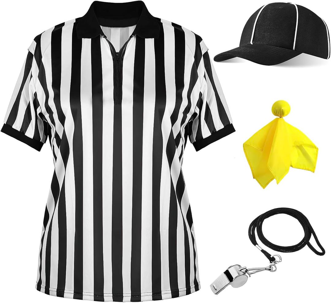 Referee Shirt for Adult - 4 Pcs Referee Costume Ref Jersey Costume Set for Football Umpire Halloween Cosplay (Medium)
