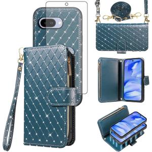 Asuwish Compatible with Google Pixel 9A Wallet Case Zipper Cell and Tempered Glass Screen Protector Crossbody Strap Bling Glitter Flip Card Holder Phone Cover for Pixel9A A9 5G Women Men Dark Green