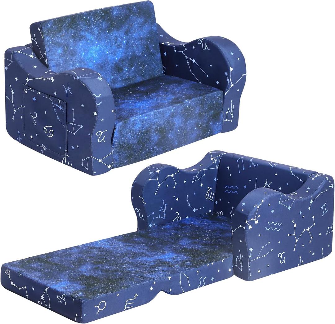 MOMCAYWEX Kids Sofa, 2-in-1 Flip-Out Foam Couch, Foldable Soft Play Lounge Chair, Blue, 23.6 inches x 17 inches x 17 inches