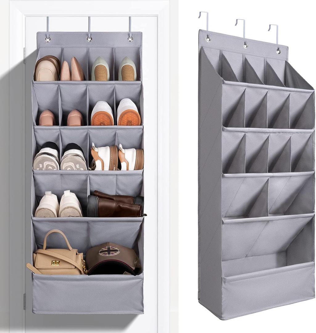 FENTEC 1 Pack Over-the-Door-Shoe-Organizers, Hanging Shoe Organizers with Large Pocket Shoe Holder Hanging Shoe Rack for Closet Shoe Organizer for Wall, Over Door Organizer with 15 Pockets Gray (GREY-(18+ Pairs))