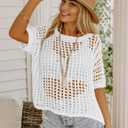 Zeagoo Short Sleeve Crochet Sweater Lightweight Summer Tops Loose Hollow Out Crewneck Pullover (White, M)